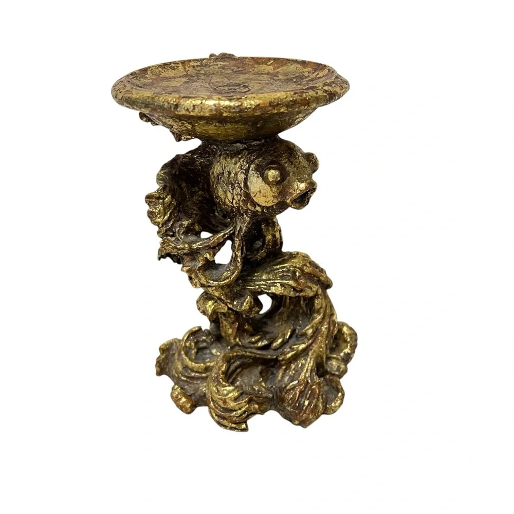 Gold Tone Koi Fish Candle Holder Home Decor Candlestick 8”